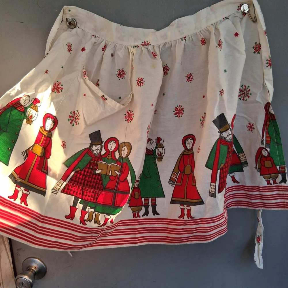 Vintage Christmas Carolers Half Apron Red Green Snowflake Retro Cotton Pocket